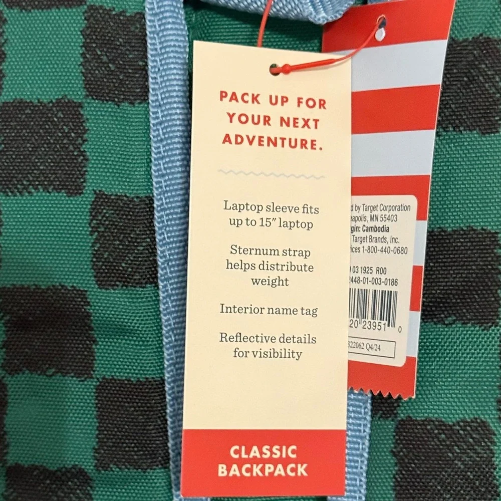Cat & Jack Backpack Kids Green Black Checkered NWT Laptop Sleeve